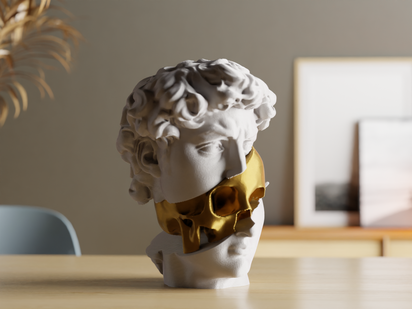 AUREUS DAVID – Skulptur „Split Bust“ mit Gold-Schädel (3D-Druck, Deko)