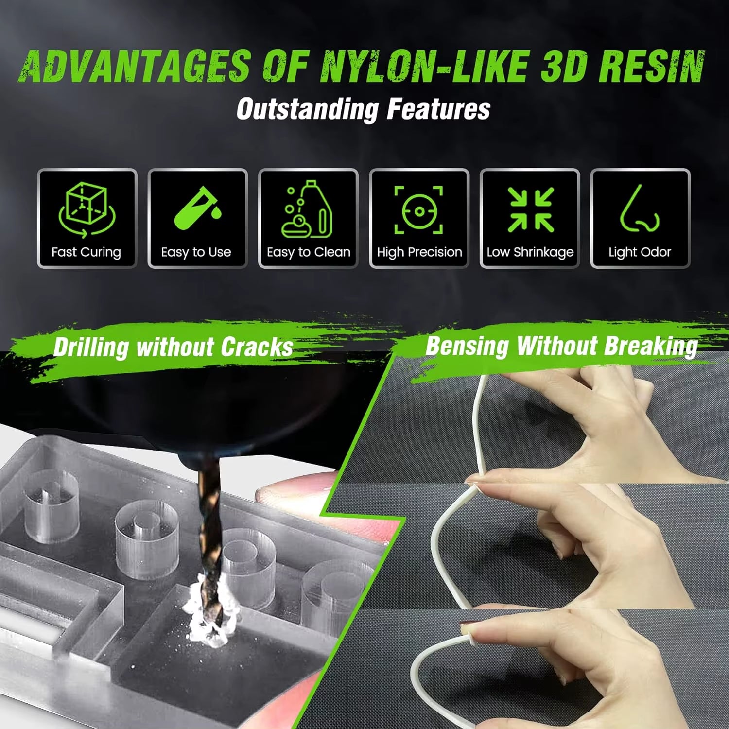 1KG Nylon-Like/Toughness 3D Resin 1000G/Bottle 405Nm Rapid Uv-Curing Photopolymer Resin for 4K/8K LCD/DLP/SLA 3D Printer